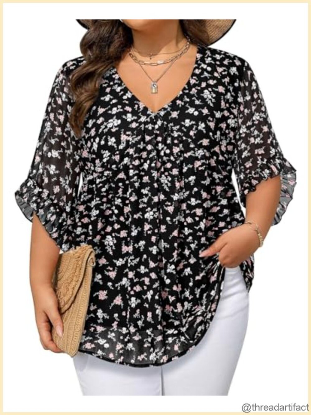 Plus Size Chiffon V-Neck Ruffled 3/4 Sleeve Babydoll Tunic Blouse